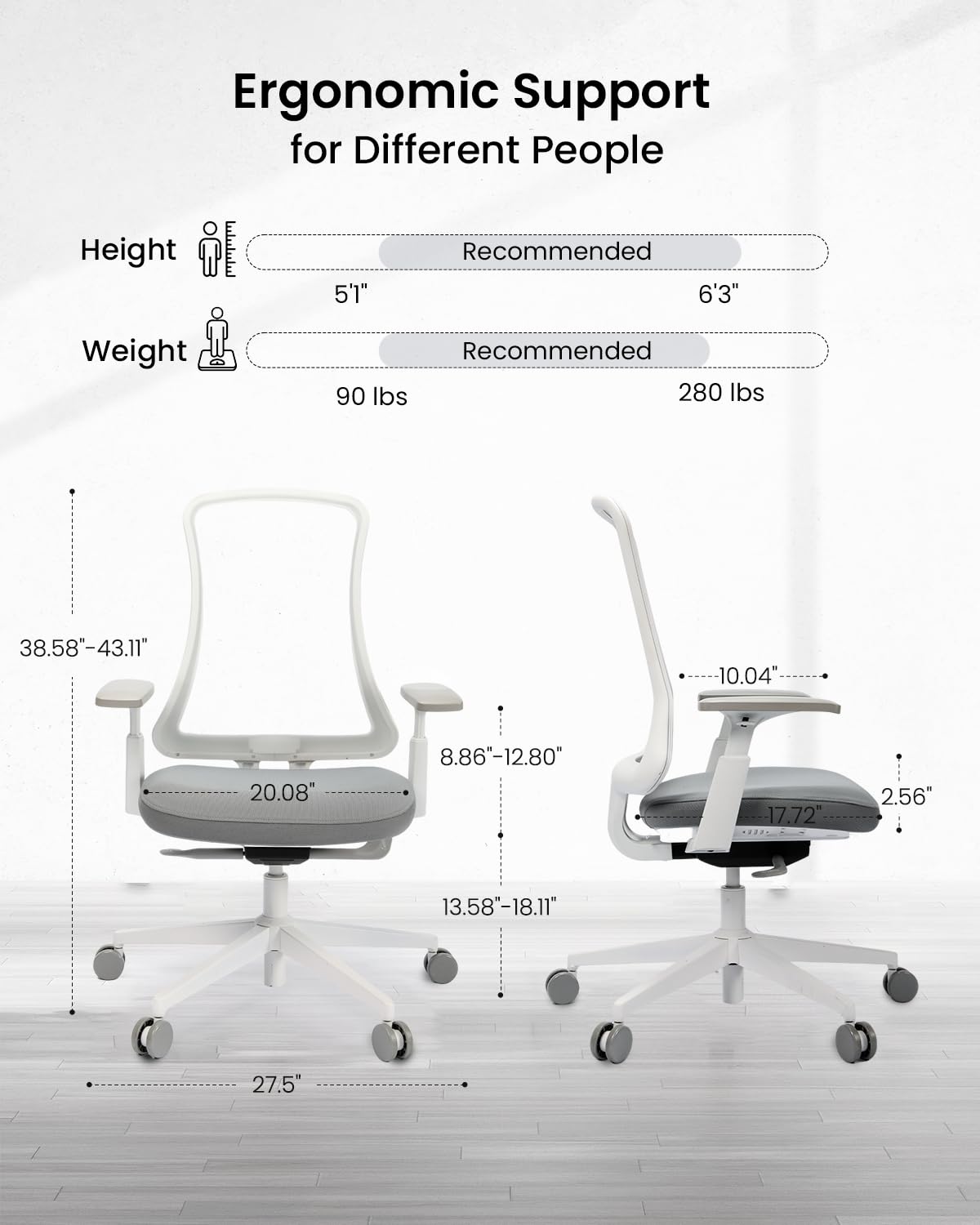 ProtoArc Ergonomic Office Chair – Flexer Mesh Couputer Chair for Women, Foam Sliding Seat, 125° Recline, Home Desk Chairs for Small Spaces, Stylish & Comfortable – White