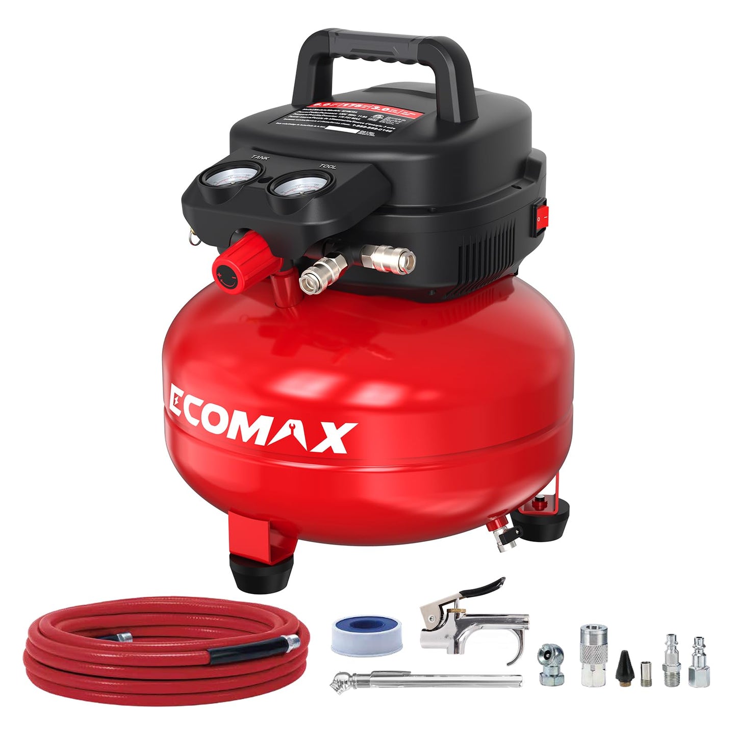 ECOMAX Air Compressor 6 Gallon 175 PSI Pancake Portable Oil-free Tank with 10 PCS Accessories Kit