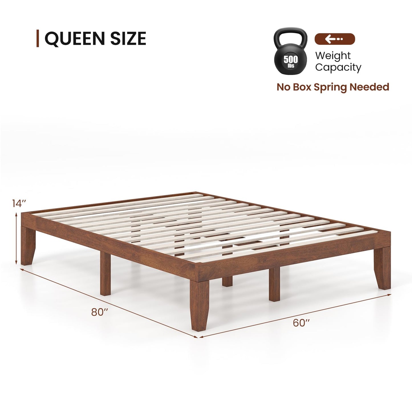 KOMFOTT 14 Inches Wood Platform Bed Frame Queen Size, Wooden Mattress Foundation with Rubber Wood Frame, Strong Wooden Slat Support, No Box Spring Needed, Bed Frame (Brown Cherry)