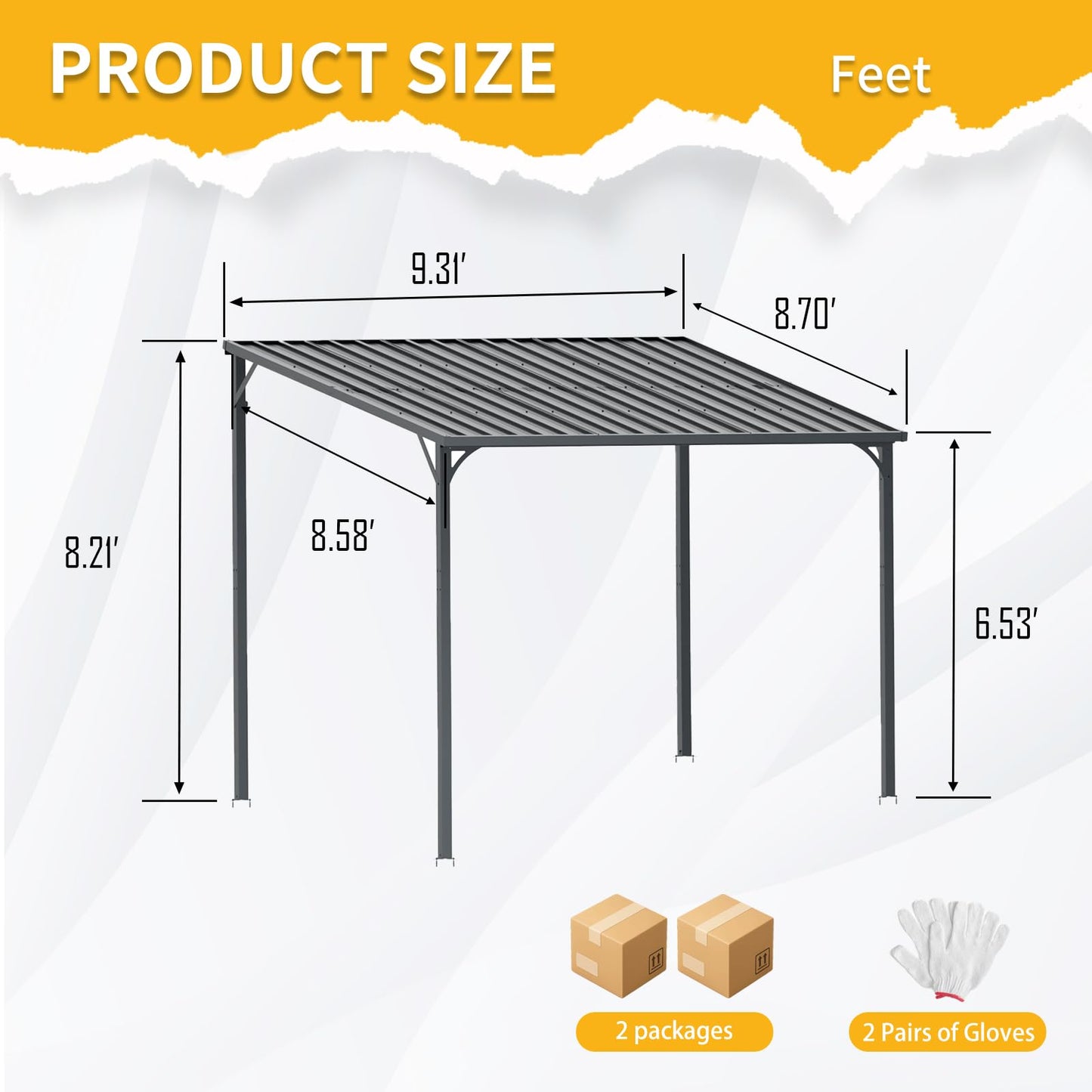 KEIKI 8x10 Ft Gazebo Outdoor, Hard Top Lean to Grill Gazebos Pergola with Roof, Backyard Waterproof Patio Covers for Shade & Rain, Wall-Mounted Large Heavy Duty Awnings for Outside Decks, Black