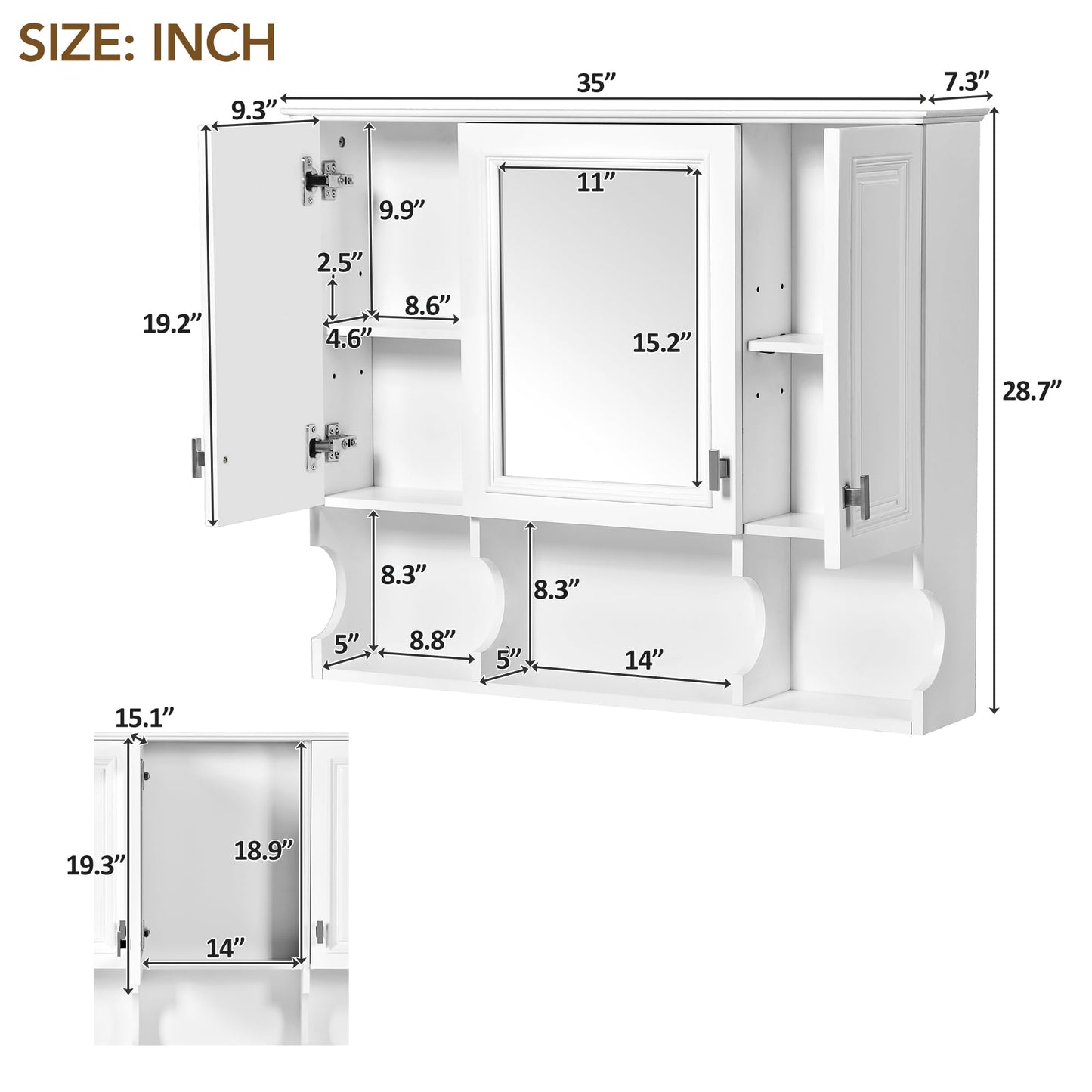 Merax Bathroom Wall Cabinet with Mirror, Wall Mounted Medicine Cabinet with Adjustable Shelves and Open Spaces, 35" x 28" Mirrored Door Over The Toilet Bathroom Storage Cabinet