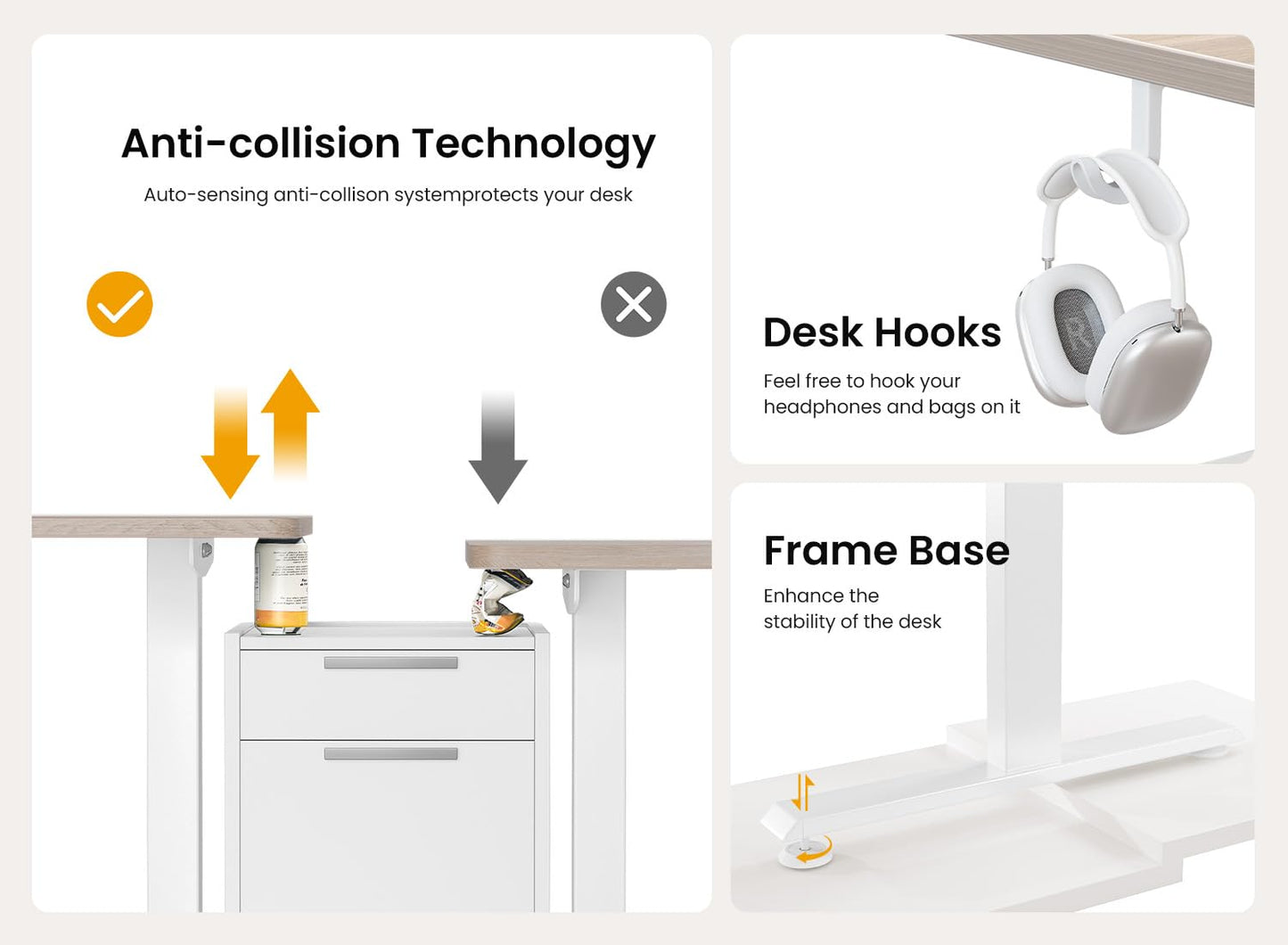 BANTI 63 × 28 Inches Standing Desk, Ergonomic, Electric Height Adjustable, Sit and Stand Up, Computer Desk with a Deeper Desktop, White Frame/Maple Top