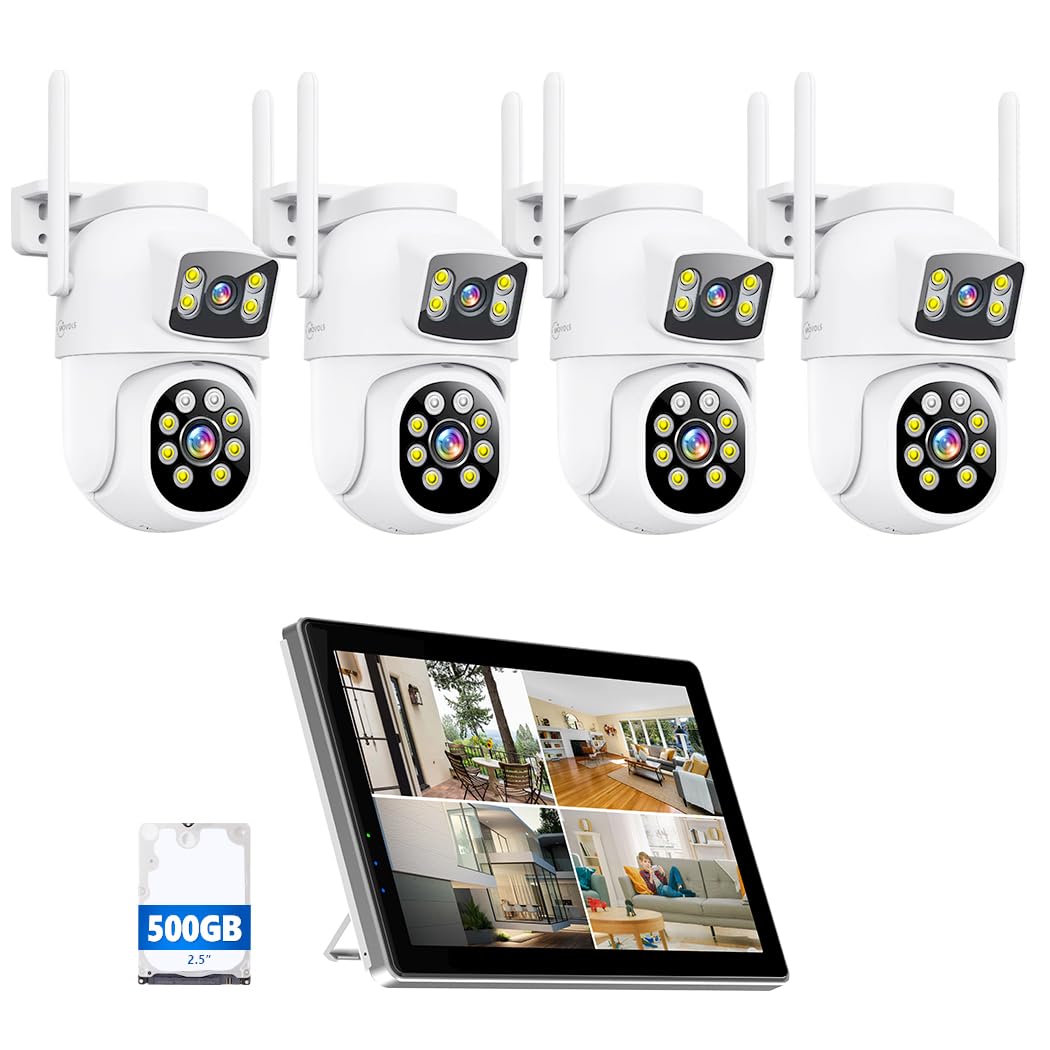 MOVOLS Wireless Security Camera System 5G/2.4G WiFi 4pcs 4MP+4MP Dual Lens Camera with 10" LCD Monitor Screen NVR System,2K HD PTZ Cameras with Color Night Version, Motion Detection,500GB HDD,10CH