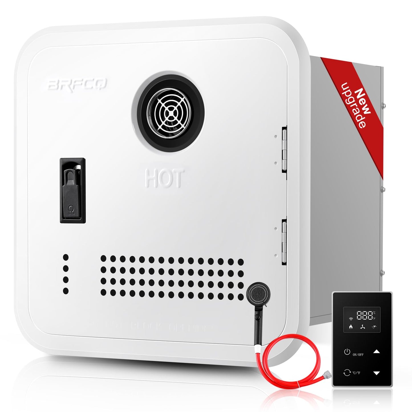 RV Tankless Water Heater, 65000 BTU High Altitude Available, On Demand Instant Hot Water Heater with 16 x 16 inch White Door and Front Water Outlet, DC 12V, Propane-Powered, Compatible with all RVs
