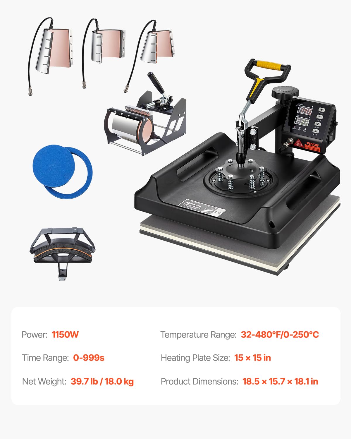 VEVOR 8 in 1 Heat Press Machine 15x15 Inch, 360° Swing Away Tshirt Press, Digital Professional Sublimation Heat Transfer for T Shirts Hat Cap Mug Plate