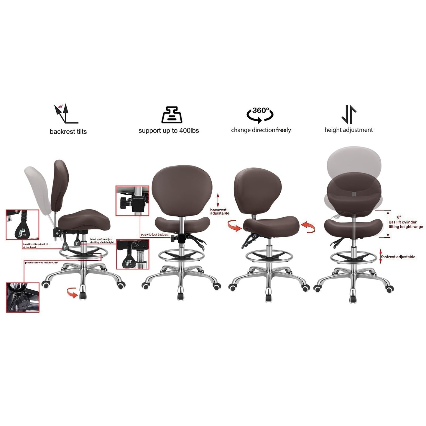 Kaleurrier Adjustable Stools Drafting Chair with Backrest & Foot Rest,Tilt Back,Swivel Seat,Rolling Wheels,for Studio,Dental,Office,Salon and Counter,Armless Tall Home Desk Chairs (Brown)