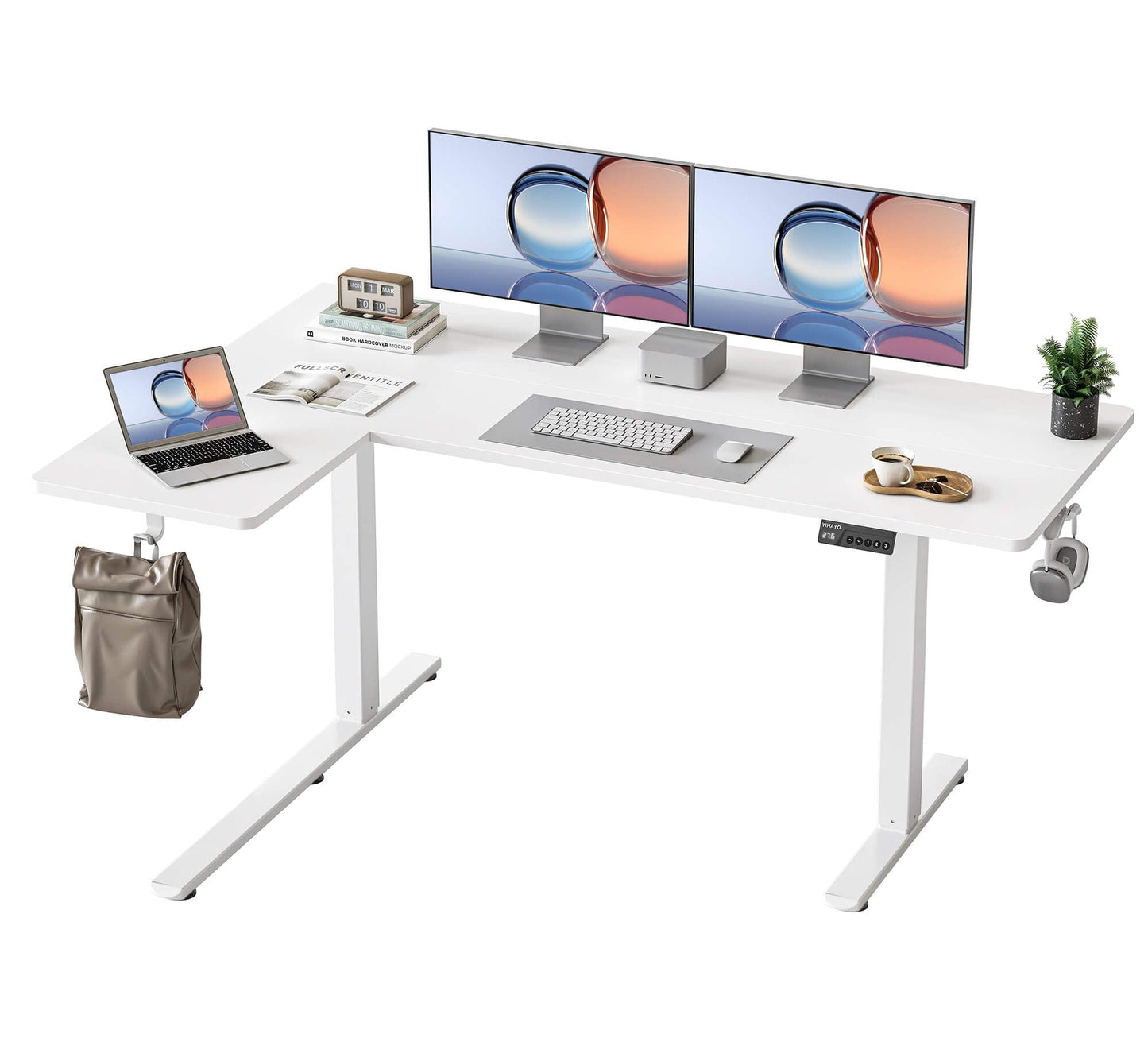 YIHAYO Reversiable L-Shaped Electric Standing Desk, 59 Inches Stand Up Corner Desk, Sit and Stand Up for Work Office Home, Ergonomic Rising Computer Table with Splice Board, White