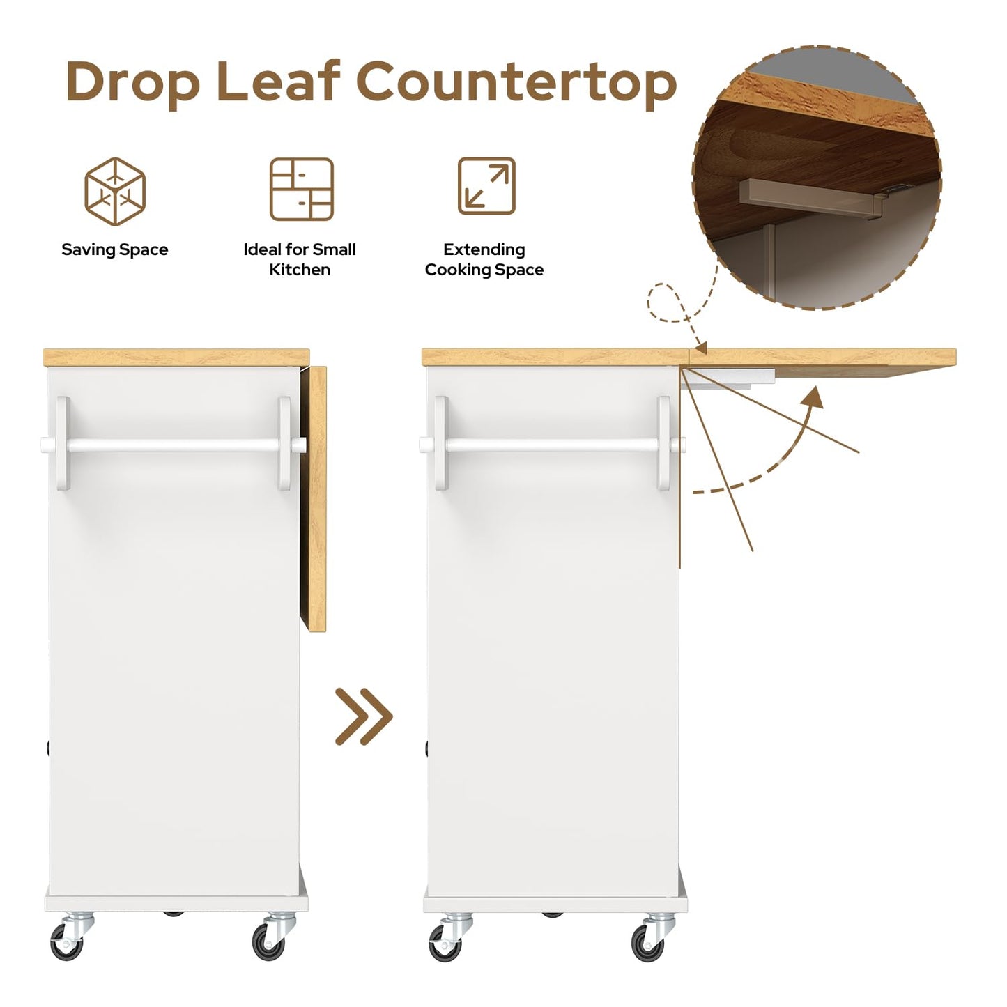 knoworld Rolling Kitchen Island with Storage Cabinet, 41.3'' Width Kitchen Cart with Desktop Drop Leaf Countertop, Portable Mobile Island with Towel Rack, Spice Rack Shelf, White