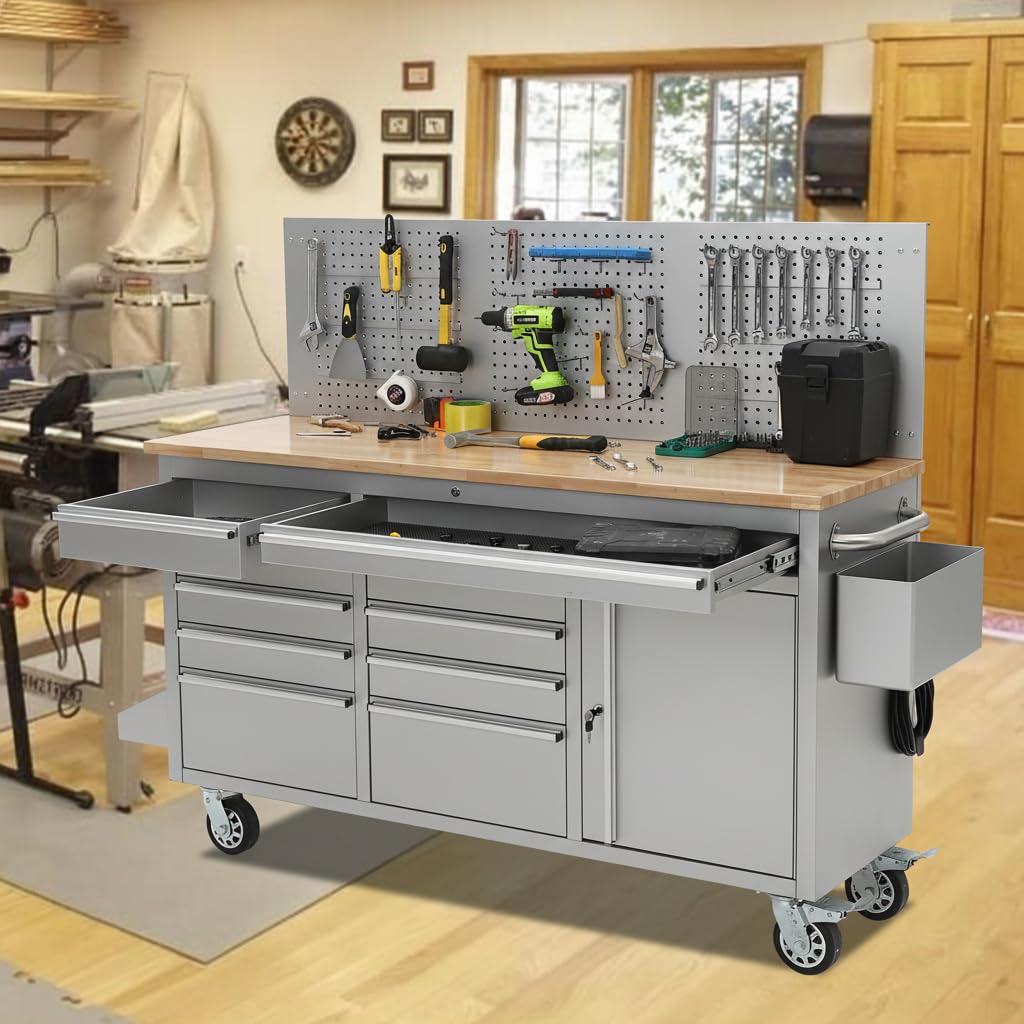 IDEALHOUSE 61-inch Rolling Tool Chest, 10 Drawers Garage Workbench Storage Tool Cabinet with Power Strip, Solid Rubber Wood Top, 1675 LBS Load Mobile Workstation, Heavy Duty Rolling Cabinet, Silver