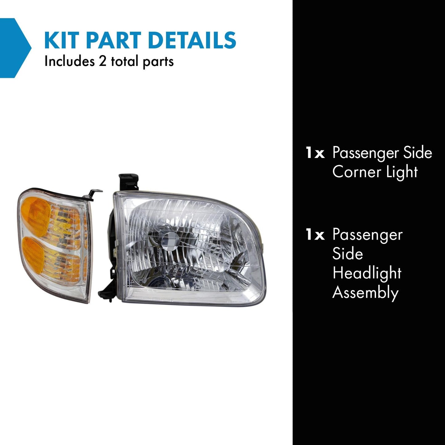 TRQ Right Headlight & Corner Light Kit, Passenger Side, Fits 2001-2004 Toyota Sequoia/Tundra, Model LKA87339