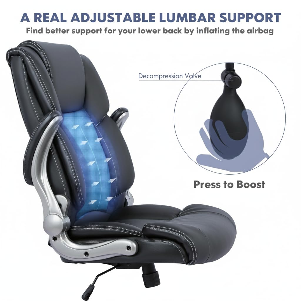 COLAMY Ergonomic Executive Office Chair with Lumbar Support, Flip-Up Arms, Bonded Leather High Back Desk Chair for Home Office & Workstation, Computer Chair for Adults Men Women, Black