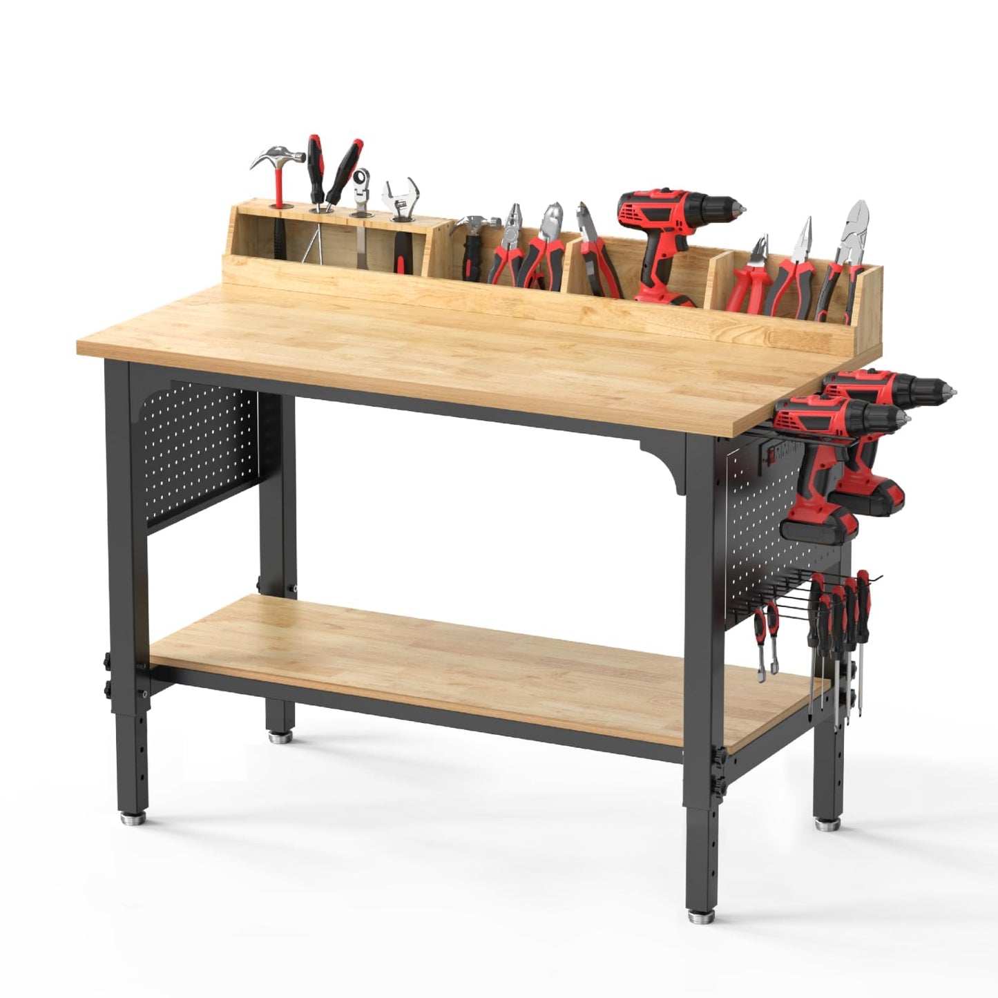 Workbench Adjustable Height Heavy Duty Work Bench with Storage, 2200 LBS Load Capacity Work Table, Pegboard, Built-in Power Outlet, Lockable Wheels for Garage, Workshop, Warehouse & Home
