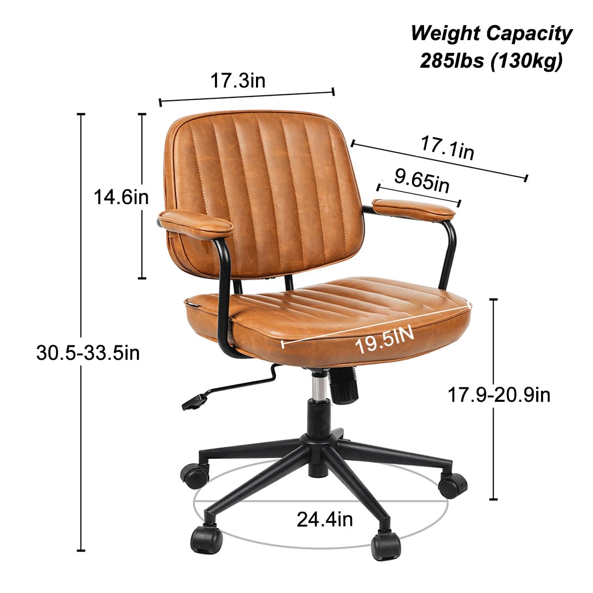 Mid Century Modern Office Chair, Ergonomic PU Leather Desk Chair with Wheels & Arms, Adjustable Swivel Home Office Chair for Bedroom, Study, Small Space, Brown
