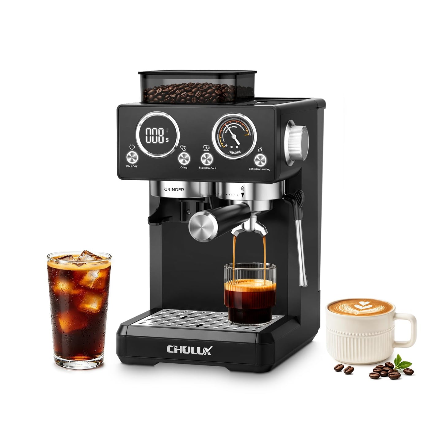 CHULUX Nero Espresso Machine with Built-in Conical Burr Grinder, 4-in-1 20 Bar Espresso Coffee Maker for Cappuccino, Latte, Hot & Iced Espresso and Hot Water, Mystic Black