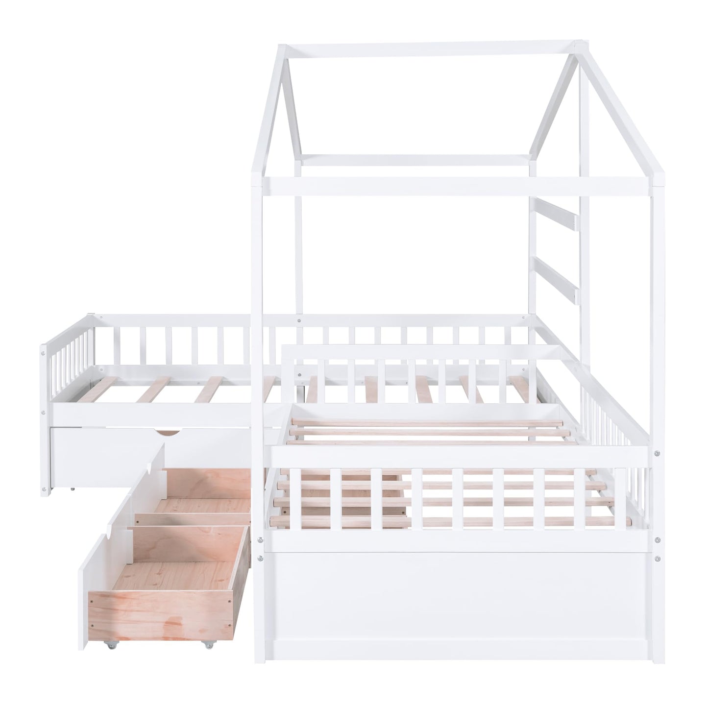 Merax House Bed for 2 Kids Twin Size, Wood L-Shaped Double Platform Bed with 3 Storage Drawers, for Boys Girls Teens, White