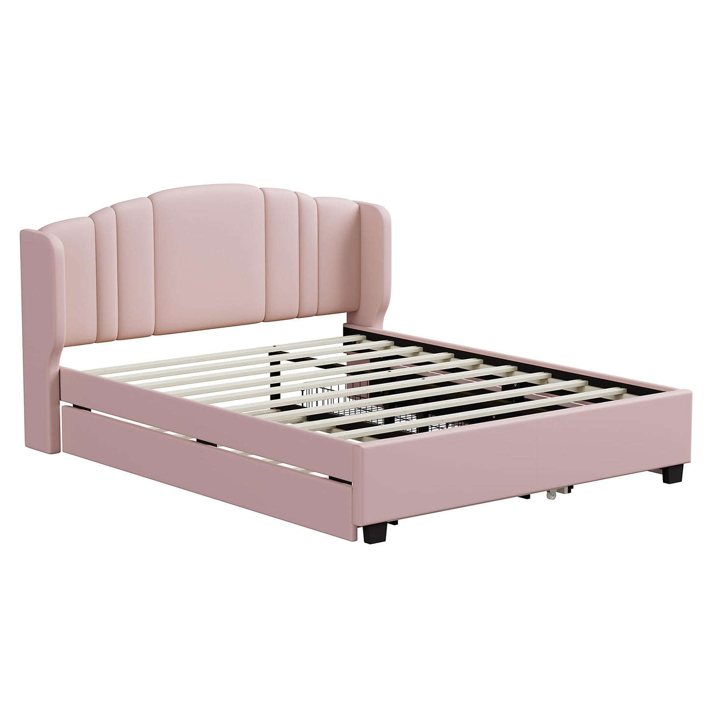 Merax Queen Size Platform Bed Frame with Twin Trundle, Storage 2 Drawers and Upholstered Headboard, No Box Spring Needed
