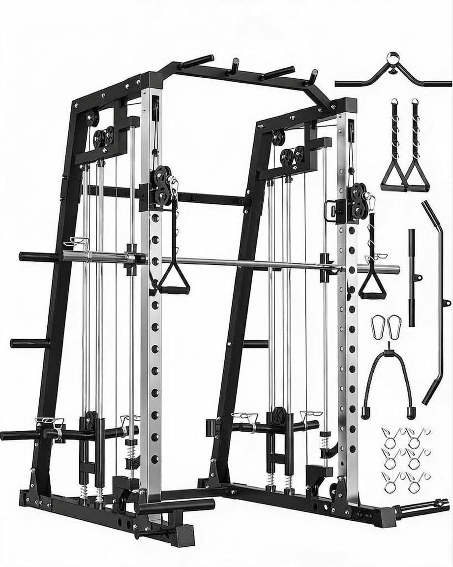 Smith Machine Home Gym, 2200lbs Squat Rack Power Cage with LAT-Pull Down System & Cable Crossover Machine, Multi-Function Training Equipment with Leg Hold-Down Attachment