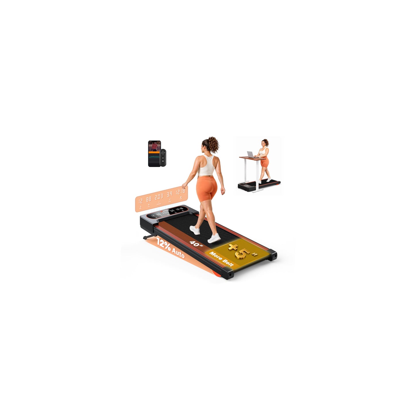 Walking Pad Treadmill with Auto Incline 12%-12Level, Quiet BLDC EvoDrive, Under Desk Treadmill for Home Office, Full Metrics Display, Extra-Large Belt, Quadra Cushion, 300lbs Capacity, Orange