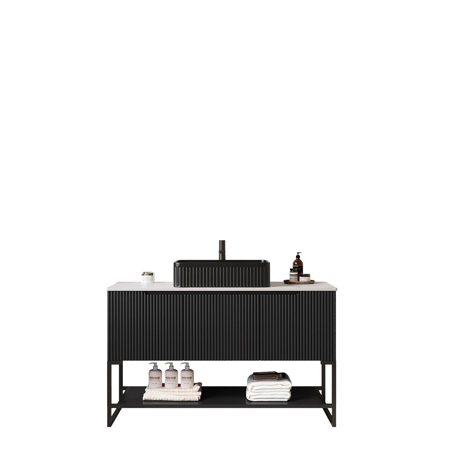 KEIKI 48 Inch Freestanding Bathroom Vanity with Sink, Modern Storage Cabinet with 3 Soft Close Doors and Open Shelf, Waterproof Wood Panels, Sintered Stone Top & Ceramic Basin Combo Set, Black & Black