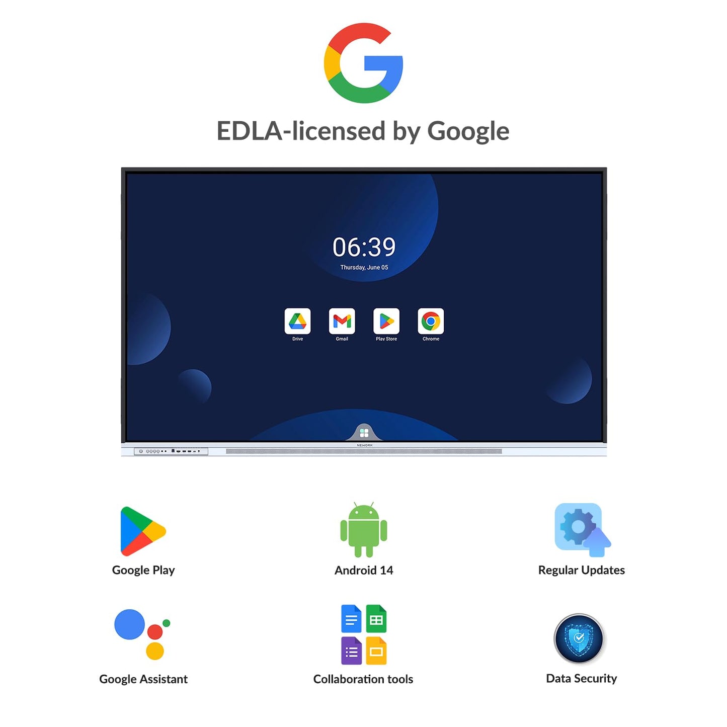 NEWORK 65 Inch 4K Smart Board - Google EDLA-Certified Interactive Whiteboard, Android 14, 50-Point Touch, Wireless Casting - Digital Whiteboard for Classrooms & Hybrid Offices (Board Only)