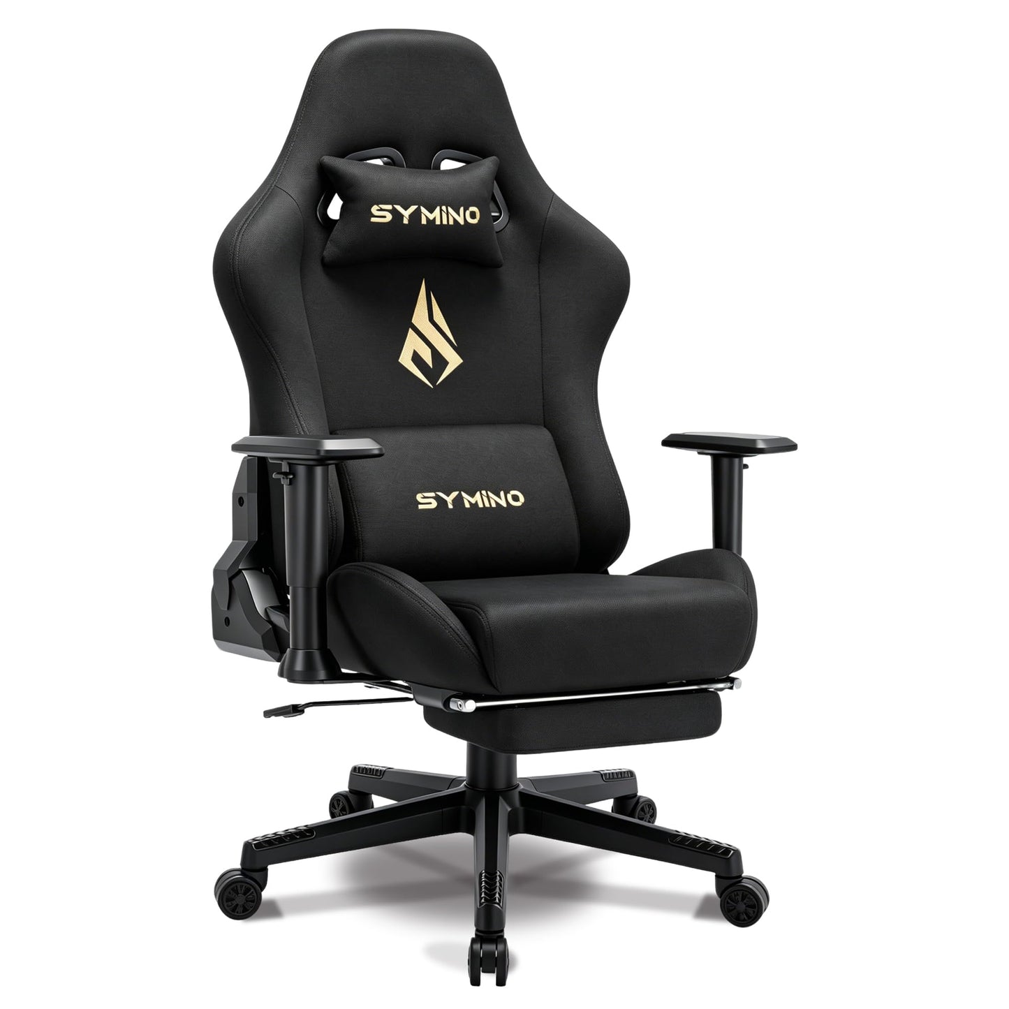 Symino Gaming Chair, Ergonomic Office Chair with 2D Armrests, 150° Recline, Breathable Faux Suede Fabric, Adjustable Headrest, Computer Desk Chair for Home Office, with Footrest, Black