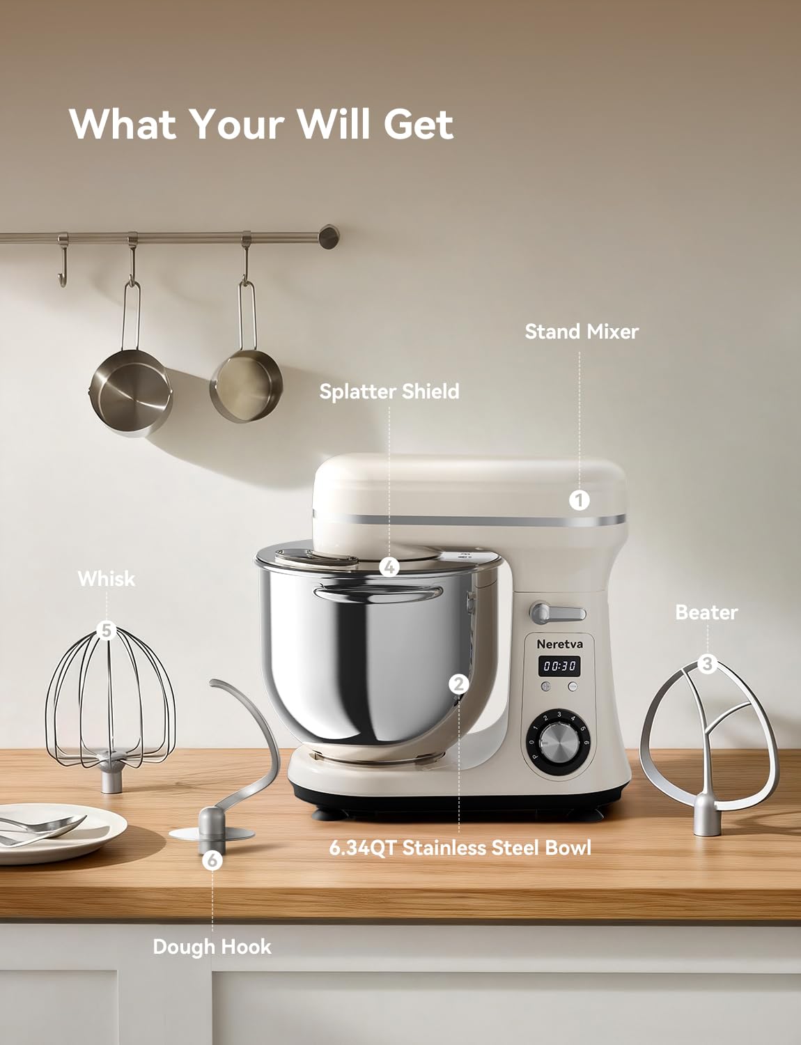 Neretva Stand Mixer, 6.34QT & 6 Speed Professional Mixers Kitchen Electric Stand Mixer Super Stable & Lower Noise Household Stand Mixer with Stainless Steel Bowl, Whisk, Flat Beater, Dough Hook -Beige