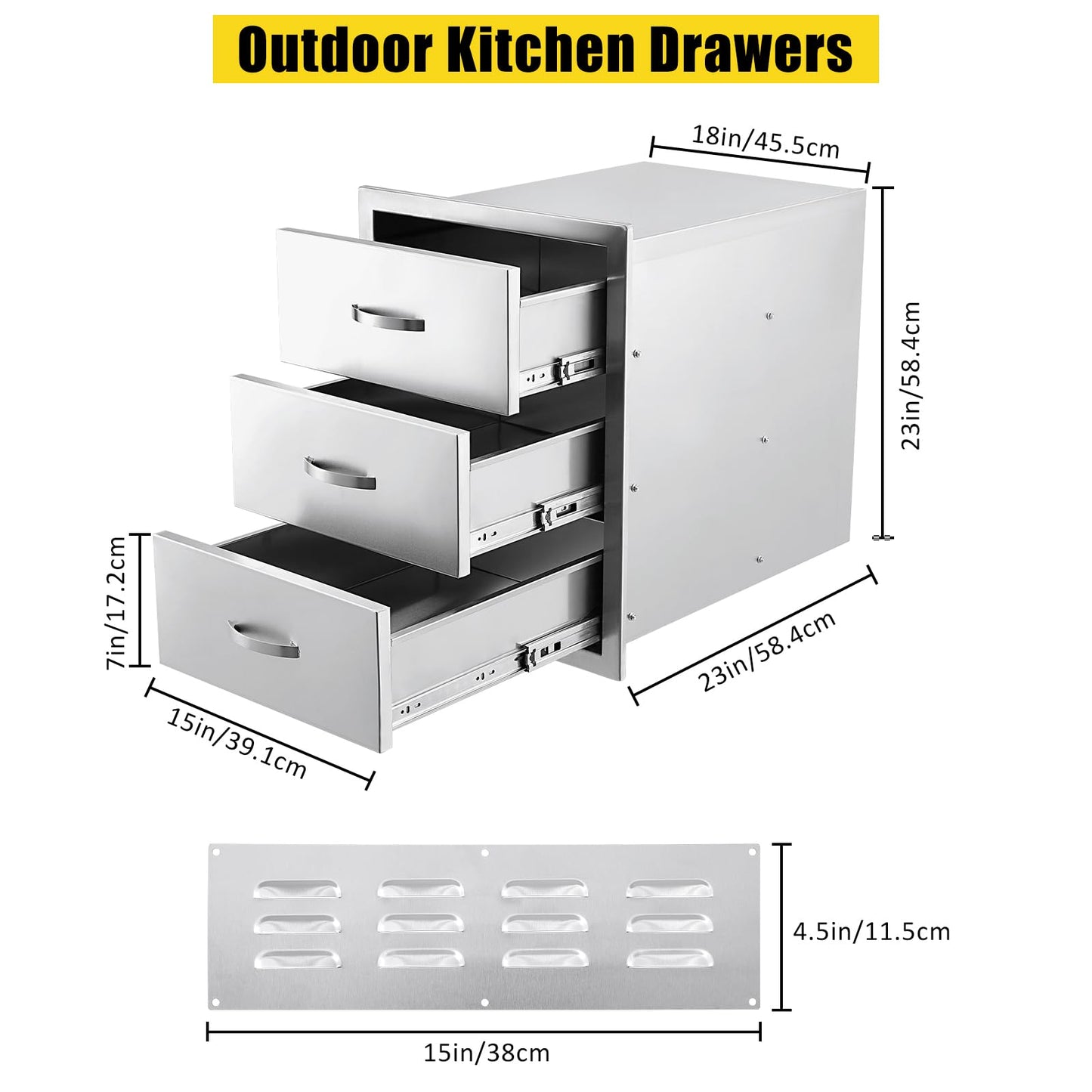 GarveeLife Outdoor Kitchen Drawers 18 in Wx 23 in H x 23 in D, Flush Mount BBQ 3-Layer Drawer Stainless Steel Kitchen Drawer Outdoor Kitchen Access Drawer for Outdoor Kitchen Island