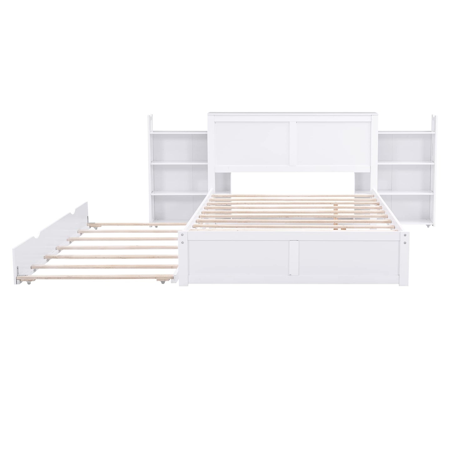 Merax Full Size Storage Platform Bed with Pull Out Shelves and Twin Size Trundle, Wooden Bed Frame with Storage Headboard for Bedroom, No Box Spring Needed