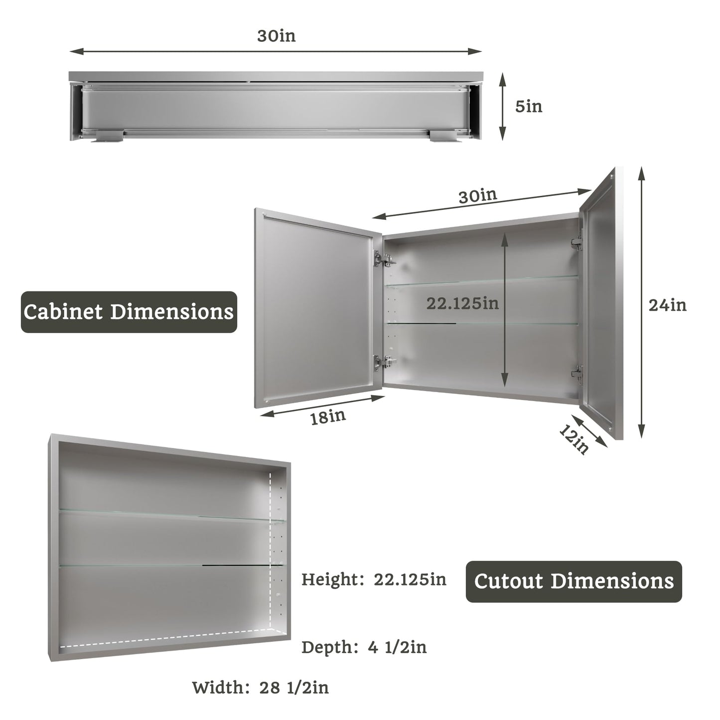 ComfyStyle 30x24 Bathroom Medicine Cabinet with Mirror,Aluminum Alloy Frame with Mirror Side Panels,Surface or Recessed Medicine Cabinet with Adjustable Shelves,Assembly Required