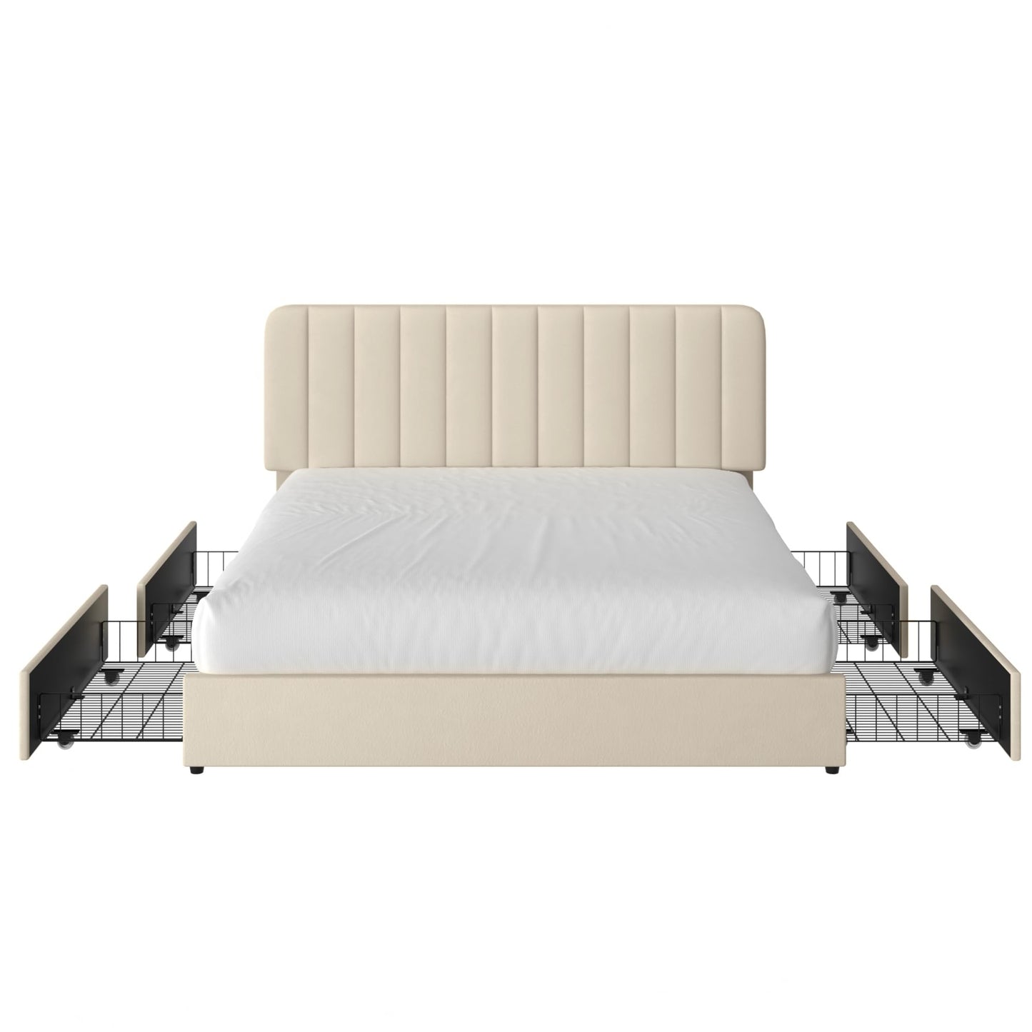 VECELO Full Size Upholstered Bed Frame with 4 Drawers and Headboard, Velvet Platform Storage Bedframe, Wooden Slats Support, No Box Spring Needed,Beige