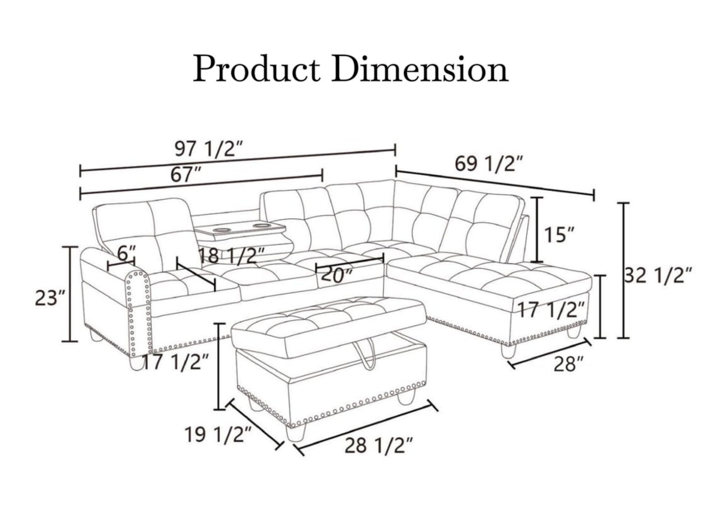 Trygoal 97" Leather L Shaped Couch with Right Chaise & Cup Holder, Sectional Sofas Modular Furniture Set with Storage Ottoman, Convertible Couches for Living Room, Small Space & Office (Grey)