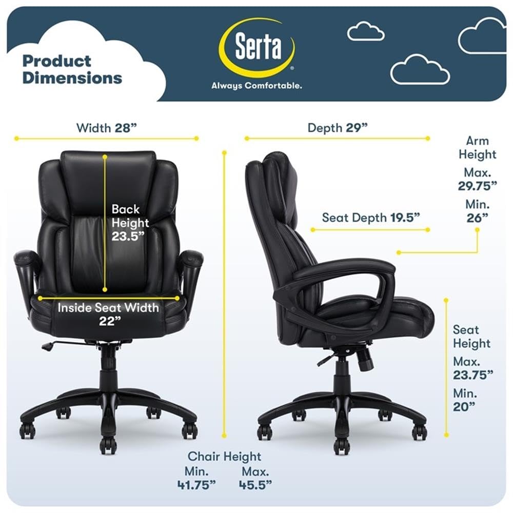 Serta Garret Executive Office Chair, Ergonomic Mid-Back with Lumbar Support, Semi-Plush Cushion and Body Pillows, Padded Armrests, Swivel Base, Bonded Leather, Space Black