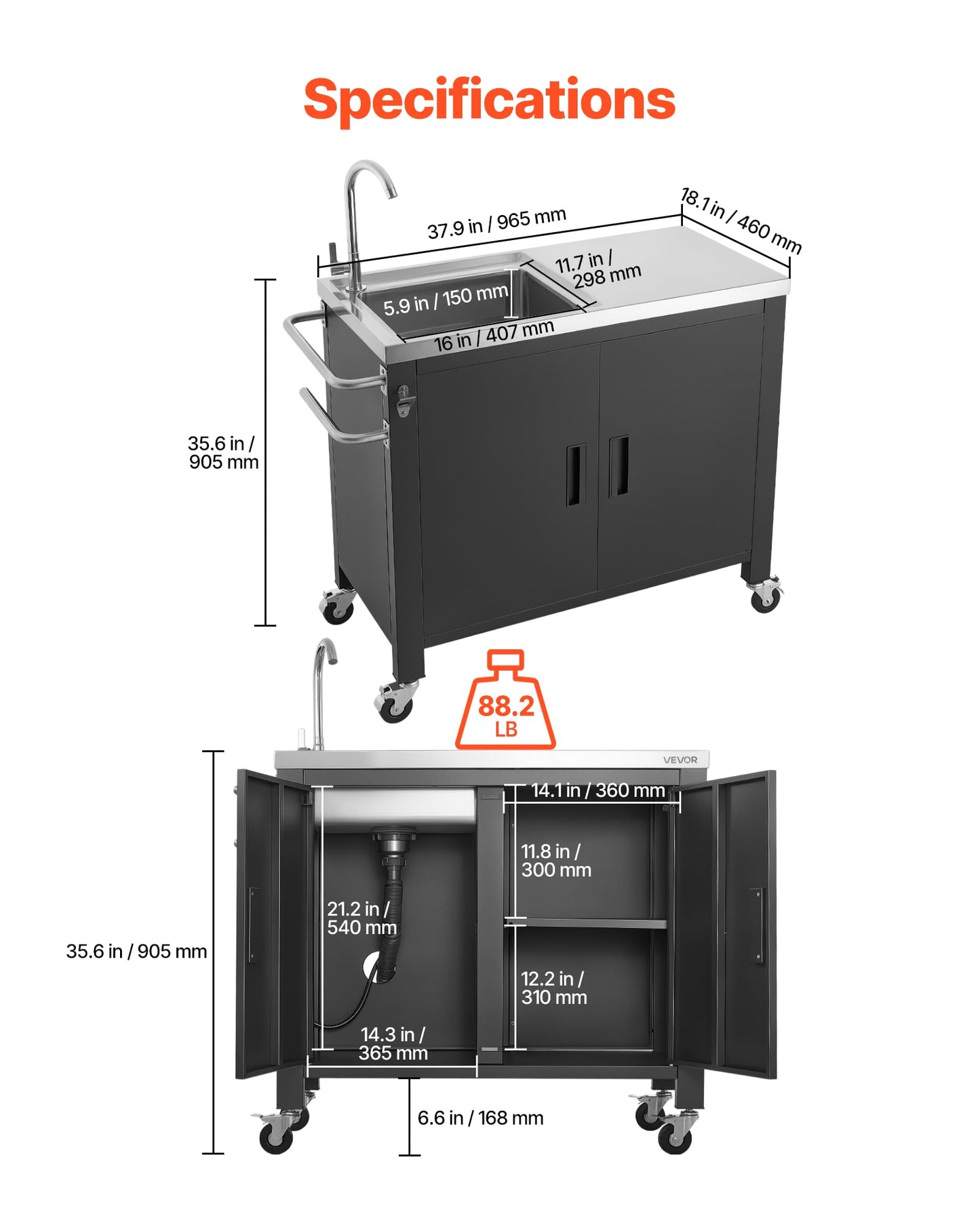 VEVOR Outdoor Grill Cart with Sink and Storage Cabinet, 38 Inch Grill Table, Waterproof Kitchen Island with Stainless Steel Top, Spice Rack, Wheel, Movable Food Prep Station for Patio Bar Backyard BBQ