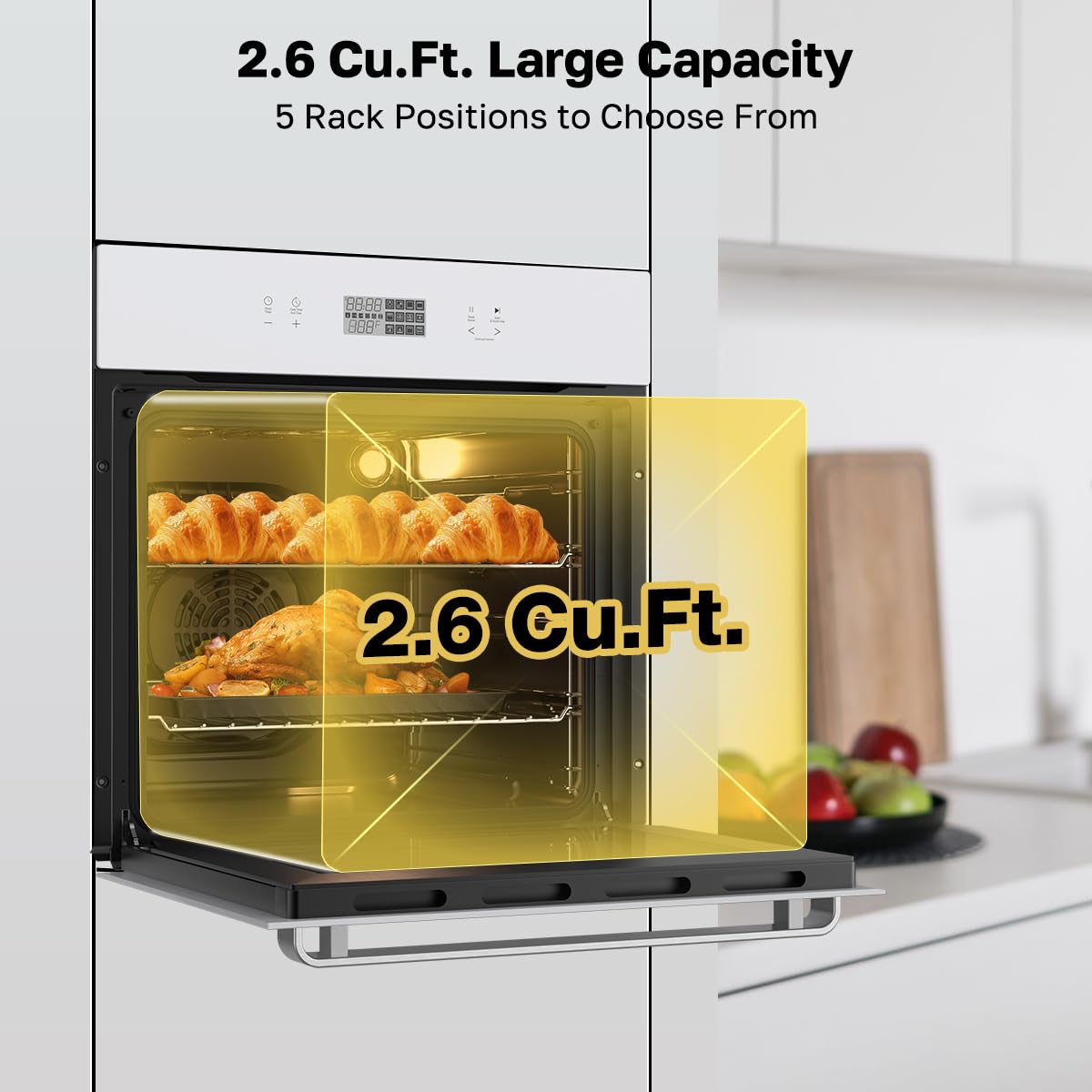 24" Wall Oven, ETL Certified, ThermoMate 2.6 Cu.Ft. Electric Wall Oven with 12 Functions, 3100W, White Built-in Convection Ovens, Sensor Touch Control, Safety Lock