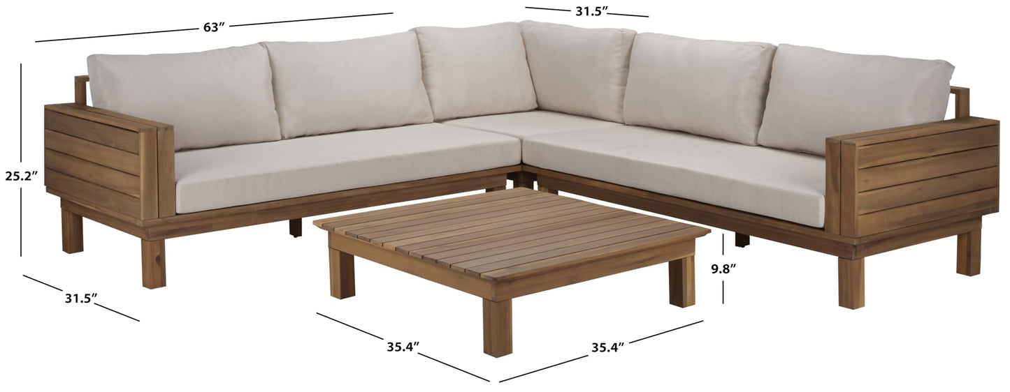 SAFAVIEH Outdoor Patio Furniture Collection - Napoli Oak Brown & Cream Solid Wood 4-Piece Sectional Sofa Set with Coffee Table, Durable Cushions, Modern Outdoor Seating (PAT6806B)
