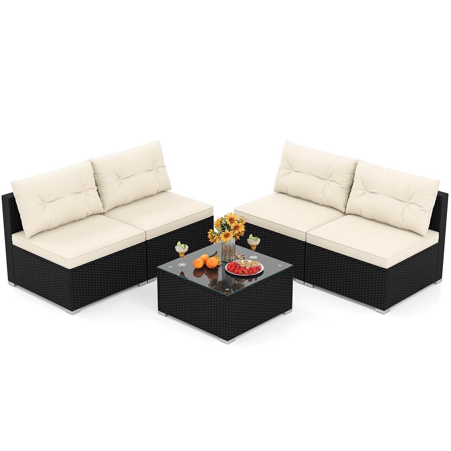 Tangkula 5 Piece Rattan Sofa Set, Patiojoy Outdoor Wicker Furniture Set with Seat & Back Cushions, Square Coffee Table, Patio Sectional Sofa Set for Backyard, Poolside, Garden
