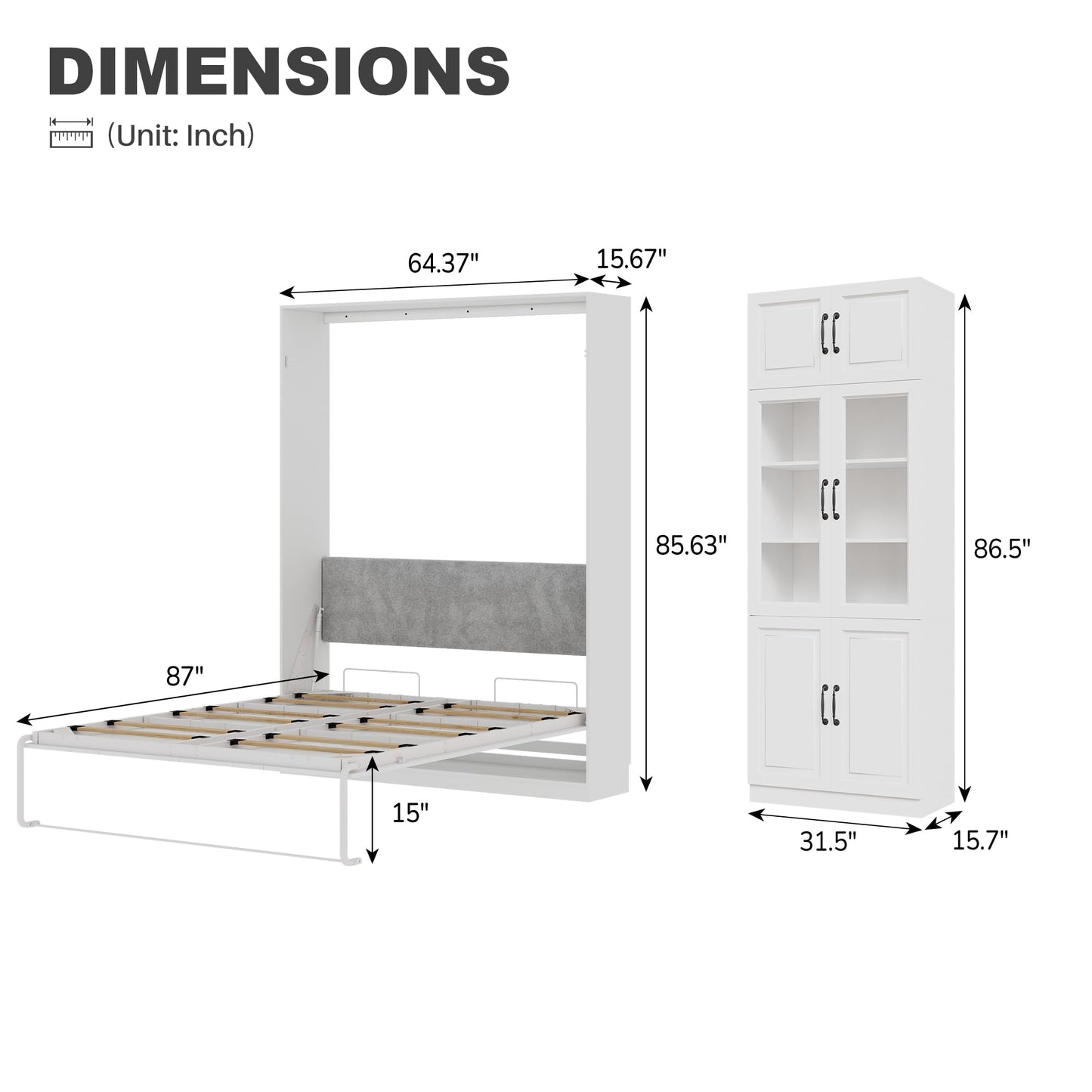 Jiaoun Queen Murphy Bed,Farmhouse Guest Beds,Folding Wall Bed with Hydraulic Bar,64" W Twin Murphy Beds with 2 Glass Storage Cabinet for Small Spaces/Offices/Apartments/Guest Room,White+White