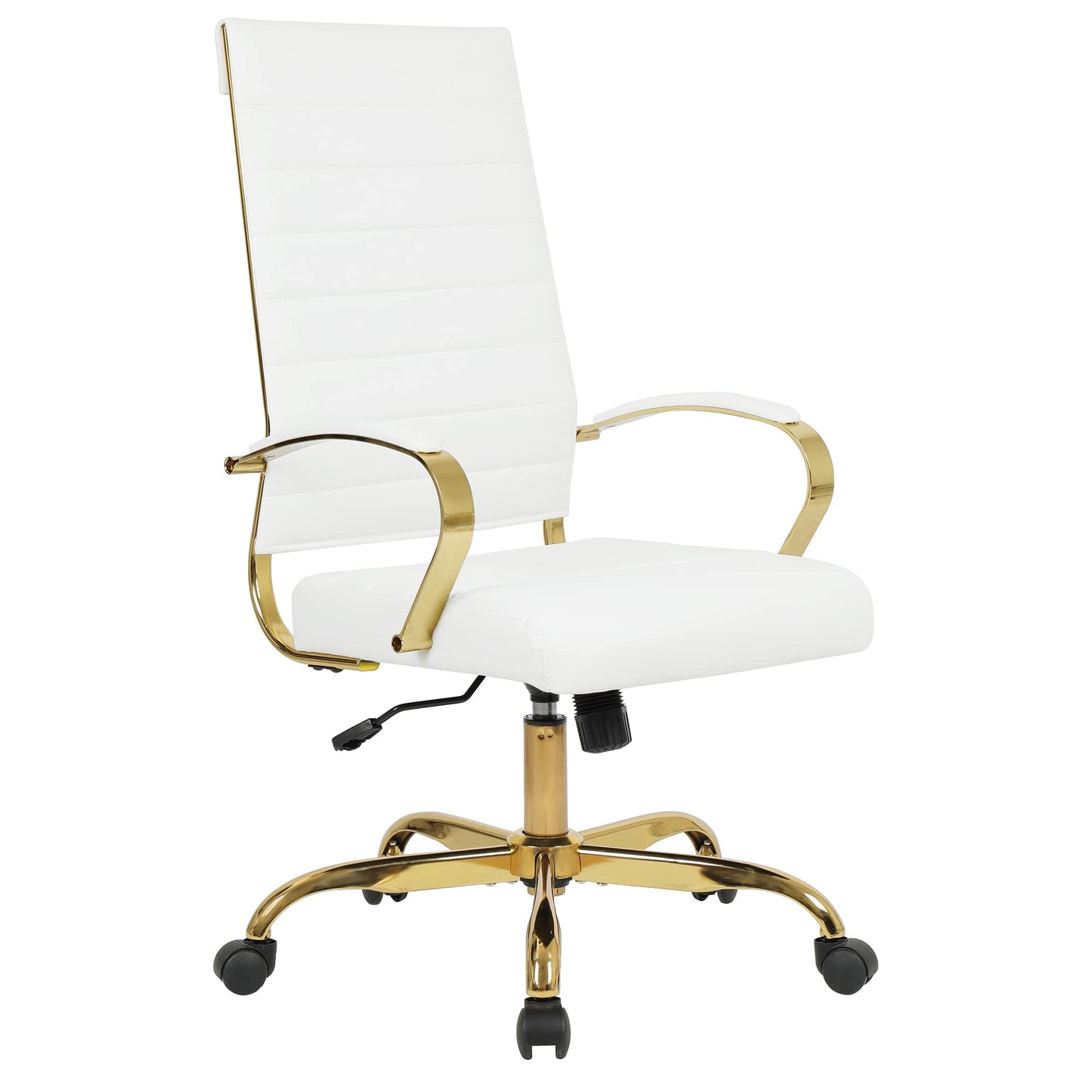 LANDSUN Home Office Chair High Back Executive Chair Ribbed PU Leather Computer Desk Chair with Armrests Soft Padded Adjustable Height Swivel Conference Gold Frame White