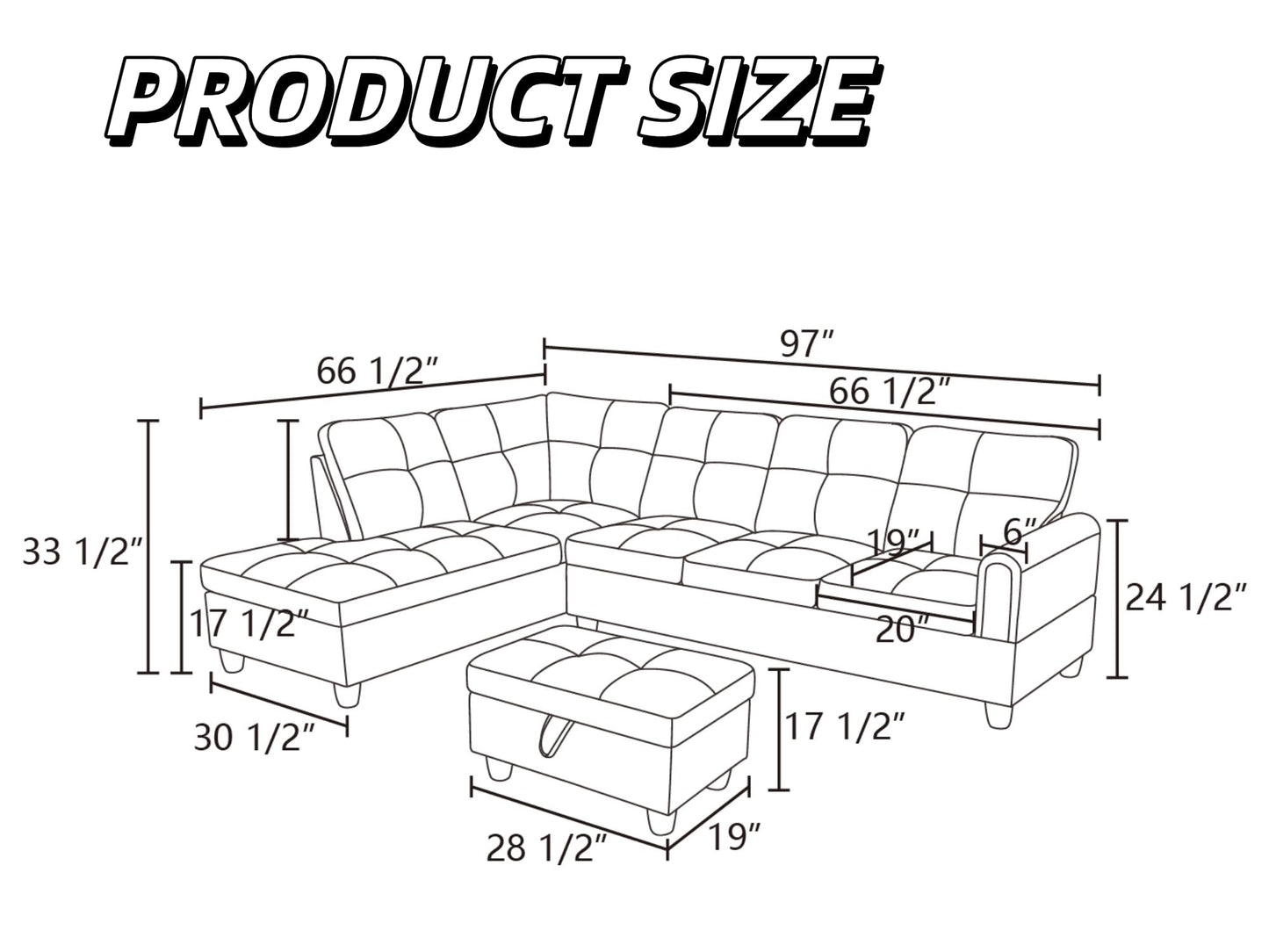 Trygoal 97" L Shaped Couch Sectional Couches with Chaise and Storage Ottoman, 3 Pieces Modular Convertible Sofa for Living Room Furniture Sets and Small Apartment, Grey