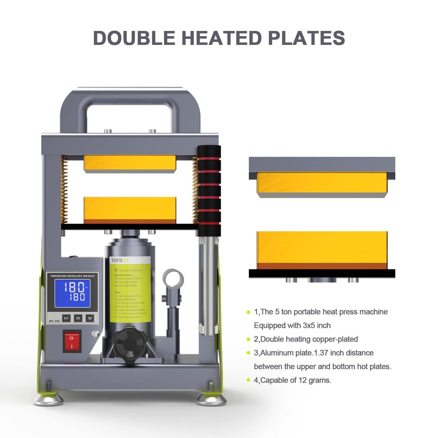 YIIFIISET 5 Ton Hydraulic Heat Press Machine with 3x5 inch Heated Plates,Auto Temperature Adjustment Heat Press