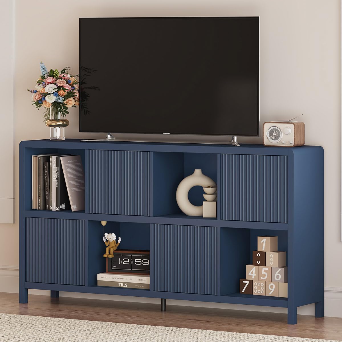 FATORRI 8 Cube Bookcase with 4 Doors, Wooden Bookshelf with Storage Cabinet, Low Horizontal Storage Book Shelf for Home Office, Living Room, Dining (57 Inch Blue)