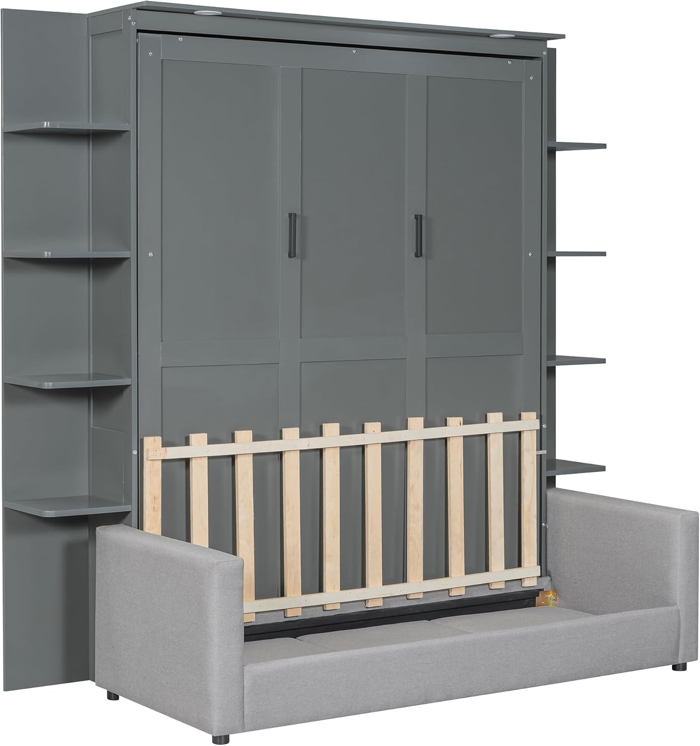 Queen Murphy Bed with Couch and Storage Shelves,Wood Murphy Wall Bed Cabinet with Storage Shelves and Sofa,Folding(Grey)