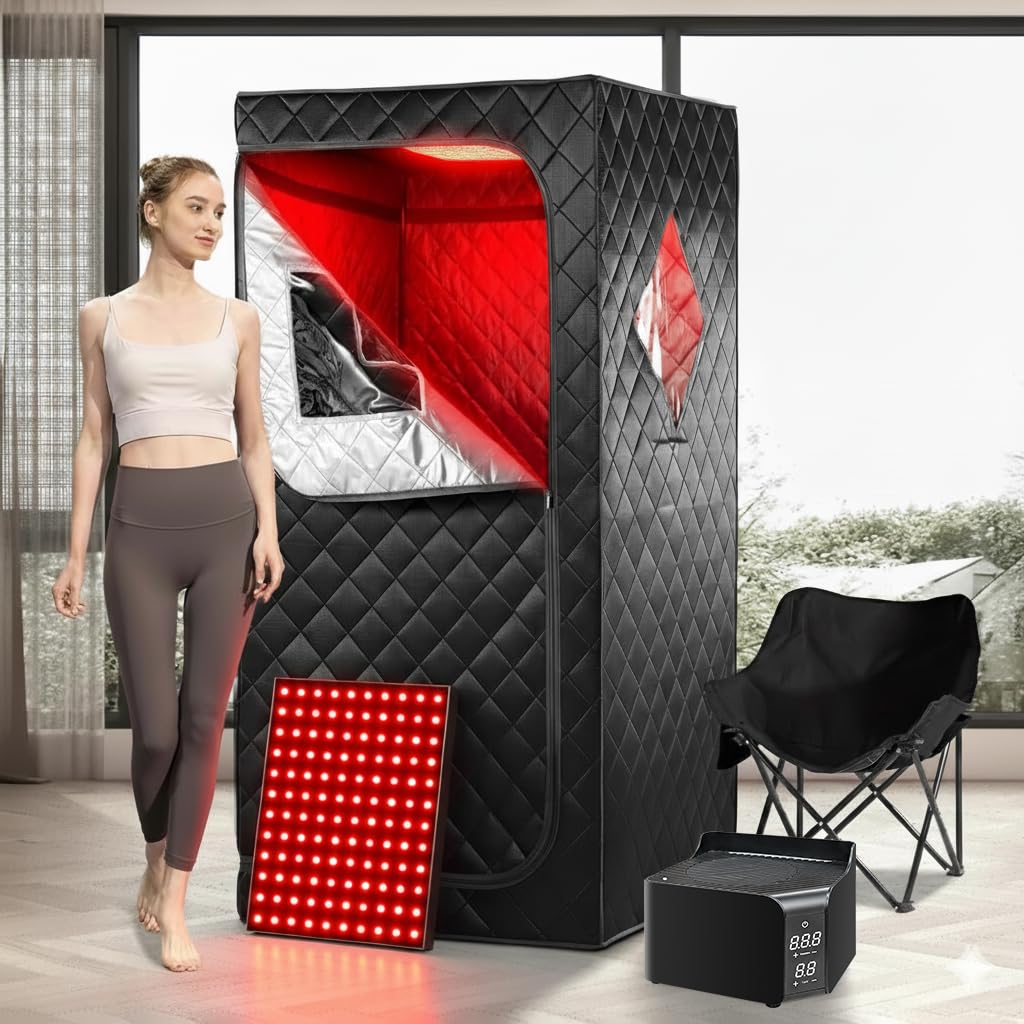 iDOTODO Portable Far Infrared Sauna Box for Home with 660nm Red Light Panel, Upgraded Infrared Dry Sauna for Home, 140℉, Heating Foot Pad, Upgraded Comfortable Chair