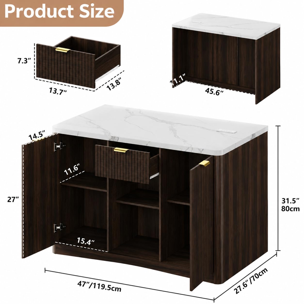 Homiflex Kitchen Island with Storage, 47" Island Table for Kitchen Large Kitchen Islands with Drawers Rolling Kitchen Island with Power Outlet & Adjustable Shelf Bar Cart for Dining Room- Walnut