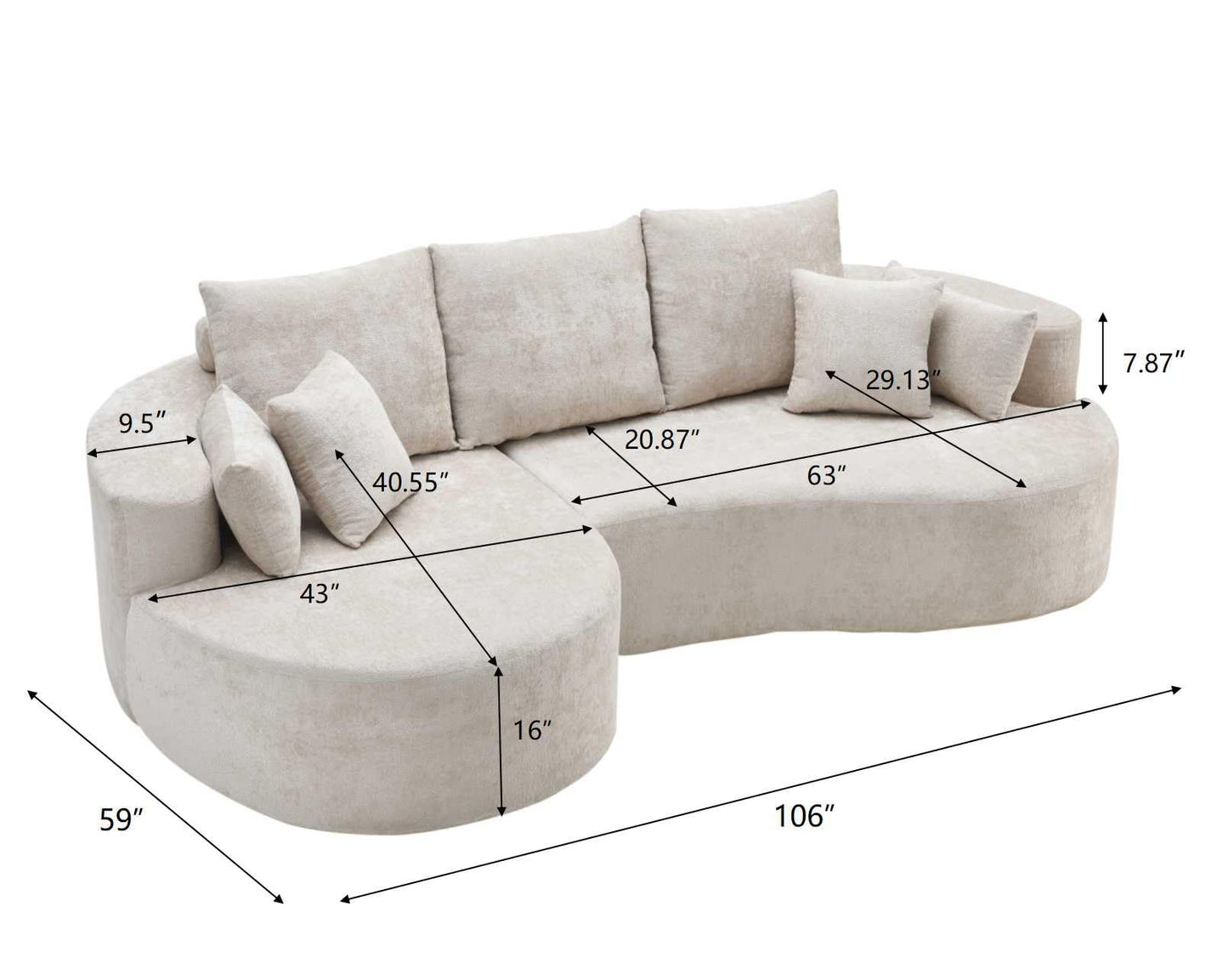 Christopher Knight Home Carden 106" Curved Modular Sectional Sofa, Comfy Sofa Couch with Chaise Lounge, Modern Cloud Couch with Deep Seat, Fabric Upholstered Set for Living Room Bedroom, Silver Lining