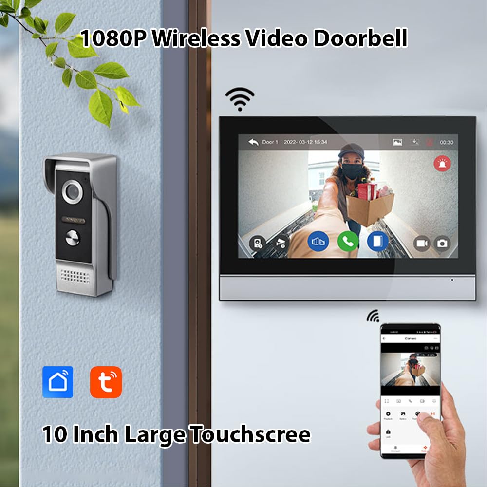 Swokely WiFi Video Intercom System, Video Doorbell Camera with Monitor Wireless,1080P IR & Night Vision Camera, 10 Inch Touch Screen Support TY APP, 2-Way Audio, Electronic Photo Frame, Waterproof