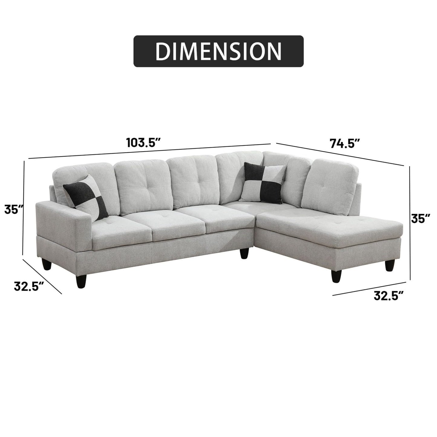 UOCFYK Sectional Sofa Couch with Right Chaise, Flannel L Shaped Couches for Living Room, Office, Apartments, Small Space, Light Grey