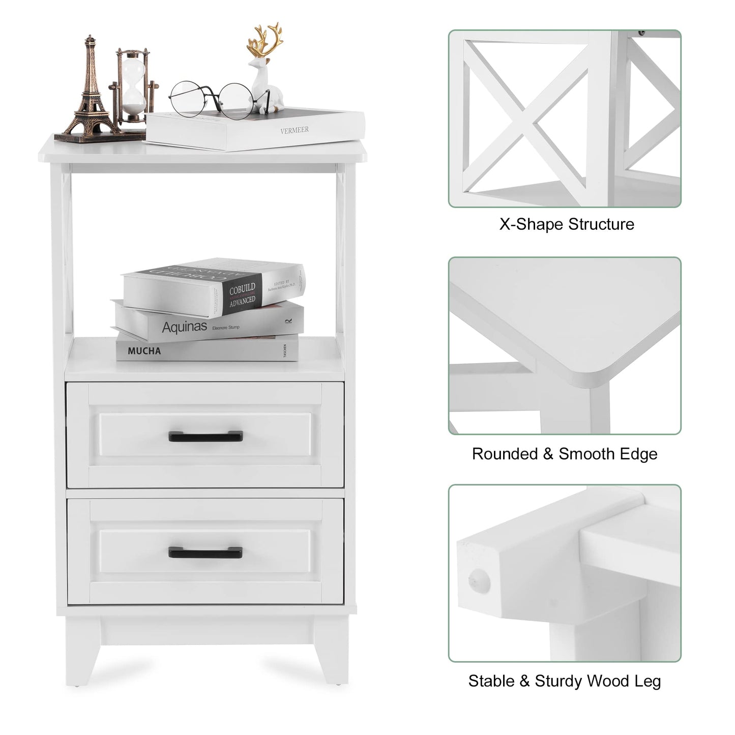 White Nightstand with 2 Storage Drawers Cabinet, Tall End Table with Wooden X-Design for Bedroom,Living Room, White