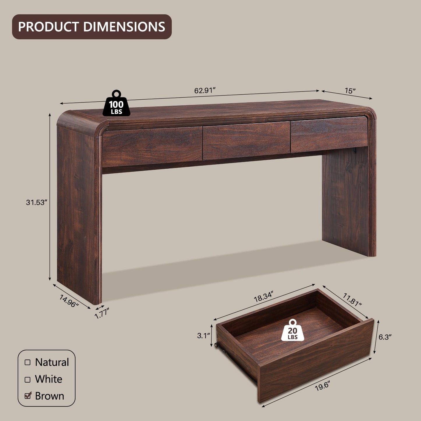 Aitjunz 63'' Console Table with 3 Drawers, Modern Entryway Table with Curved Profile Design, Narrow Long Wood Sofa Table Behind Couch Table for Living Room, Hallway, Foyer, Brown