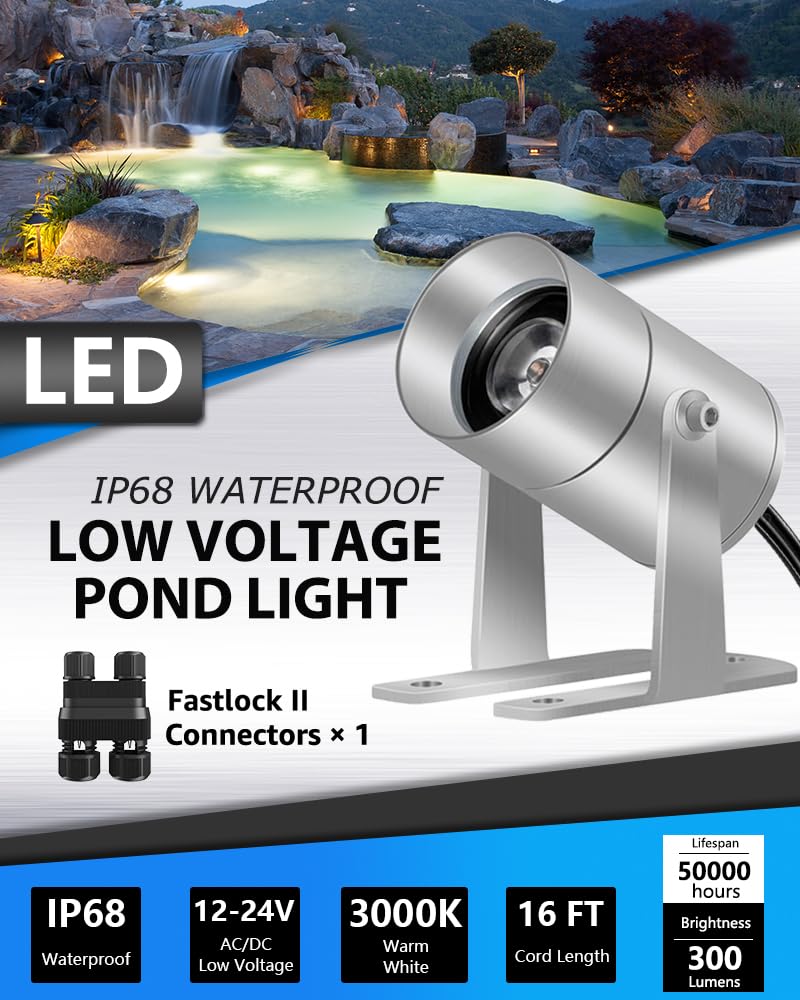 SUNVIE LED Underwater Pond Lights, 3W Submersible Fountain Lights, IP68 Waterproof, Silver
